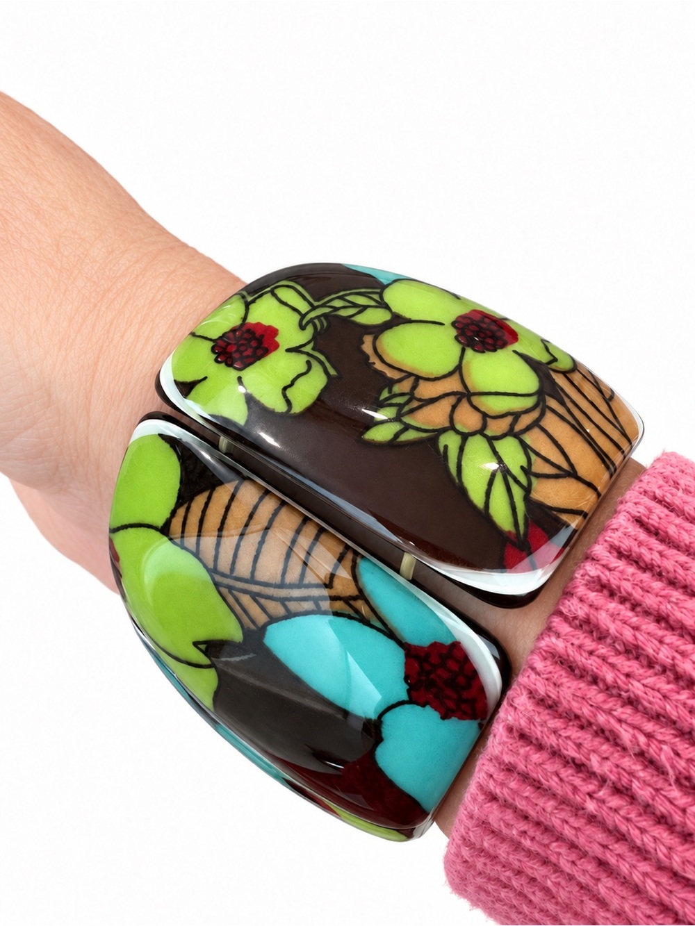 Chunky Floral Stretch Bracelet Turquoise Lime Green Boho Statement